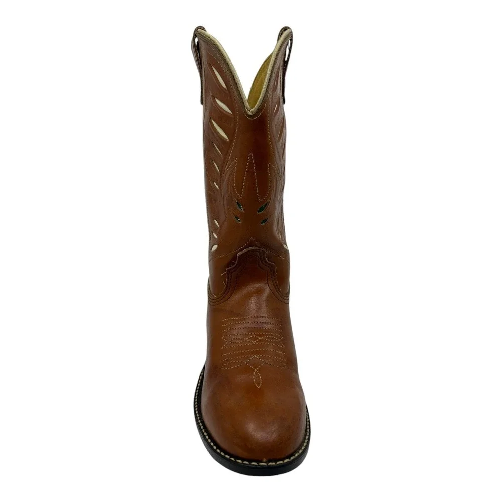 Acme Cowpuncher Western Boots Womens 5D Tan Leather Good Contrast Stitching VTG.